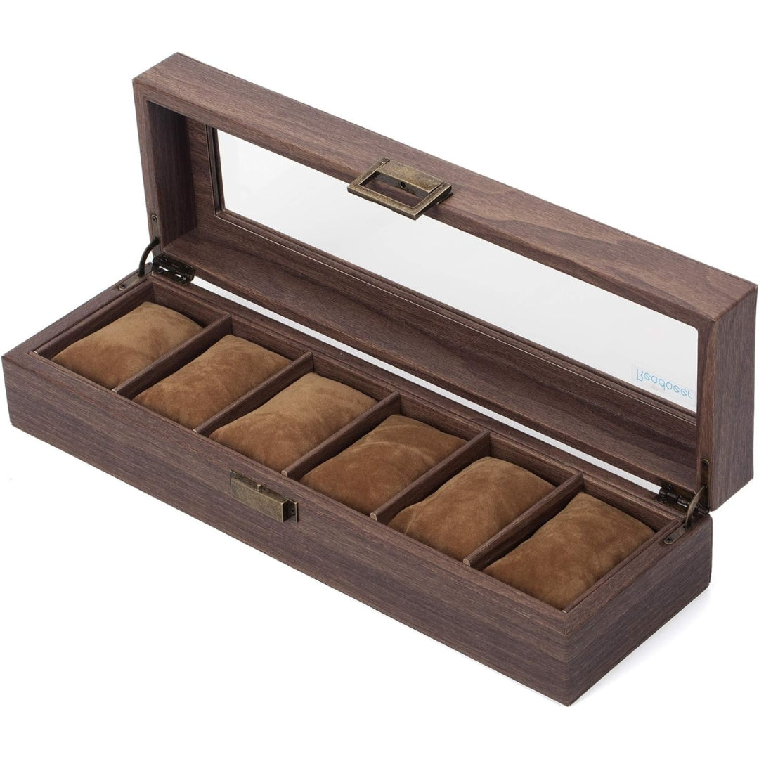 Uhrenaufbewahrungsbox 6 Uhren Kunstleder Holzmuster Vintage Stil