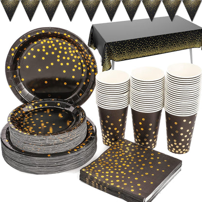 Party Deko Partygeschirr Schwarz Gold 99 Stück Teller Set