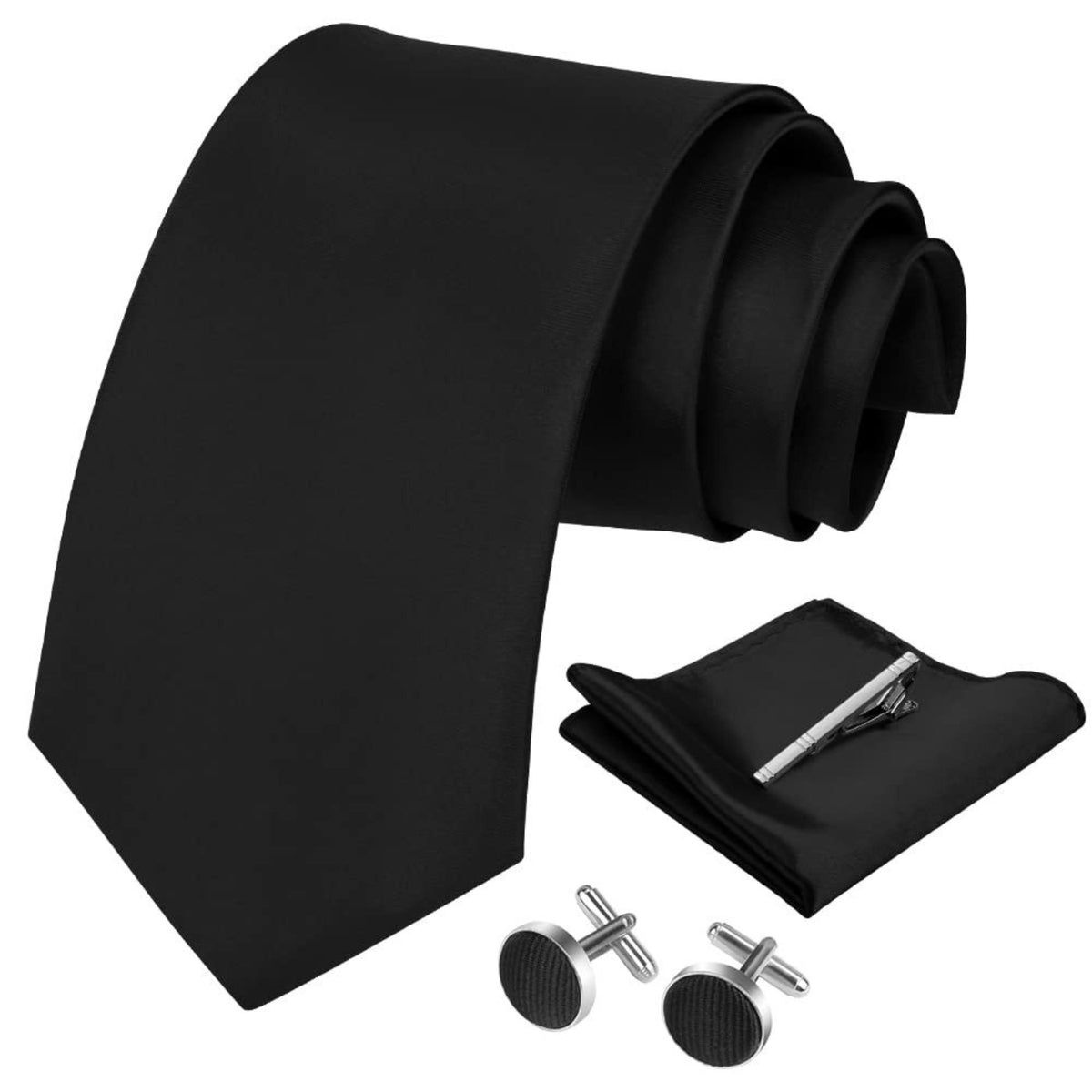Krawatten Set Schwarz mit Einstecktuch und Manschettenknöpfe