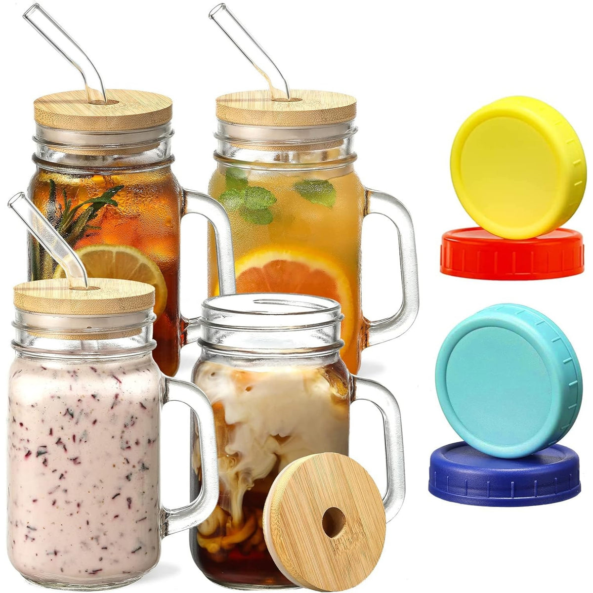 Cocktailgläser mit Henkel und Deckel Glasstrohalme 500ml 4x