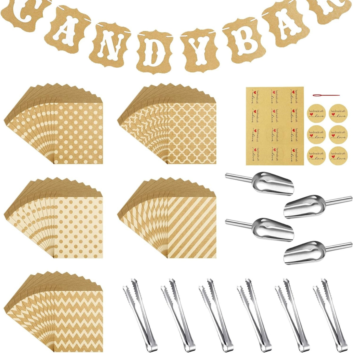 71tlg Candybar Zubehör Set Tüten Sticker mit Zuckerzangen