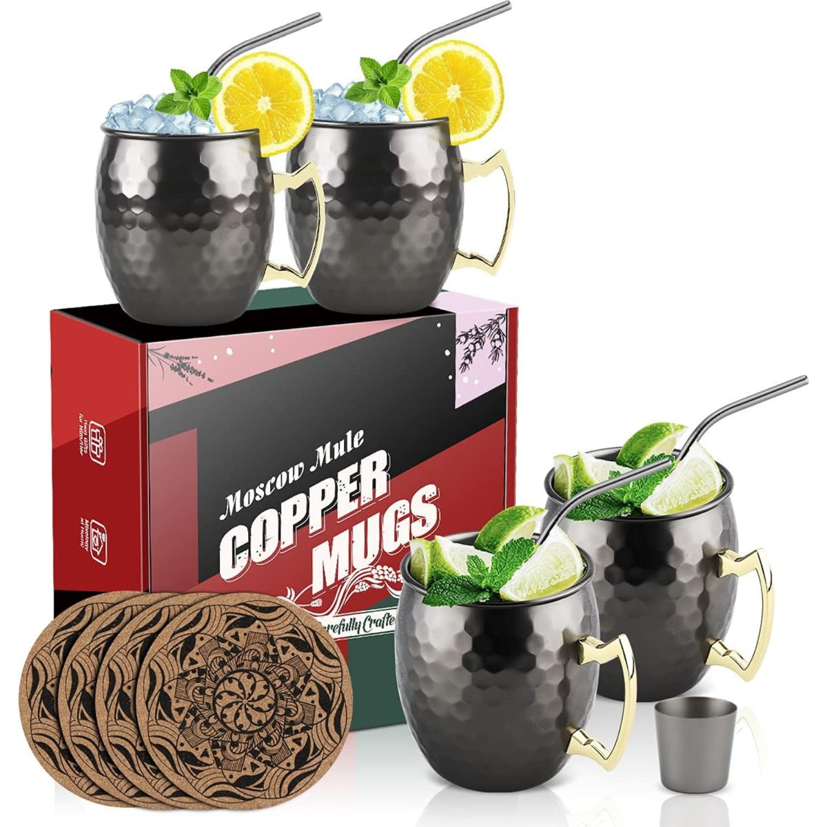 Moscow Mule Becher Kupfer Schwarz 4 Gläser Strohhalme Geburtstagsgeschenke