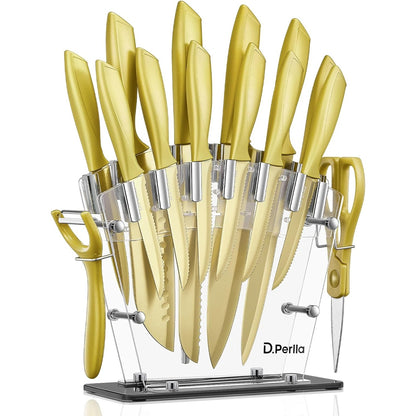 Messerblock 16 TLG Messer Set Golden Edelstahl Acrylhalter