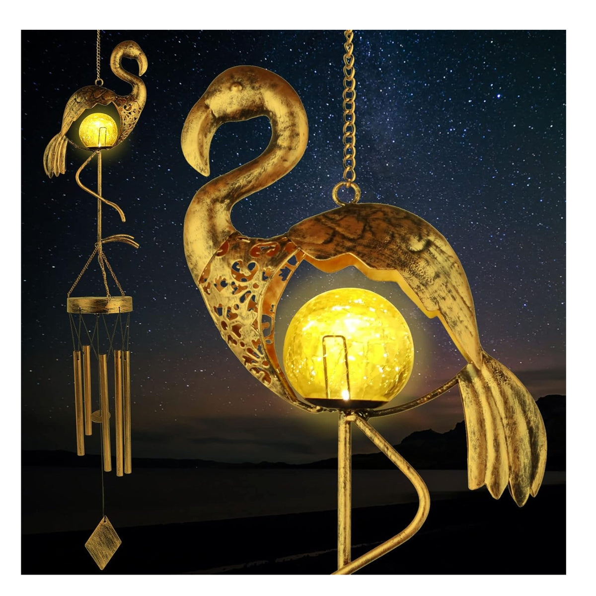 Solar Windspiel Flamingo LED Licht Messingrohre Glücksperlen Garten Dekoration