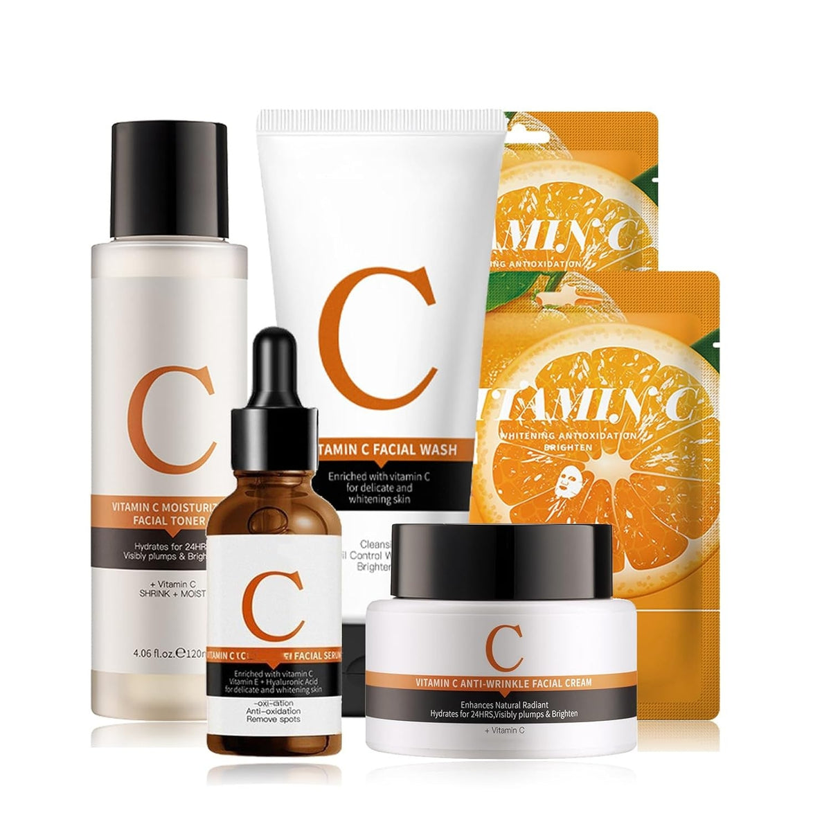 6tlg Skincare Set Vitamin C Reinigungsmilch Serum Creme Maske Anti-Falten