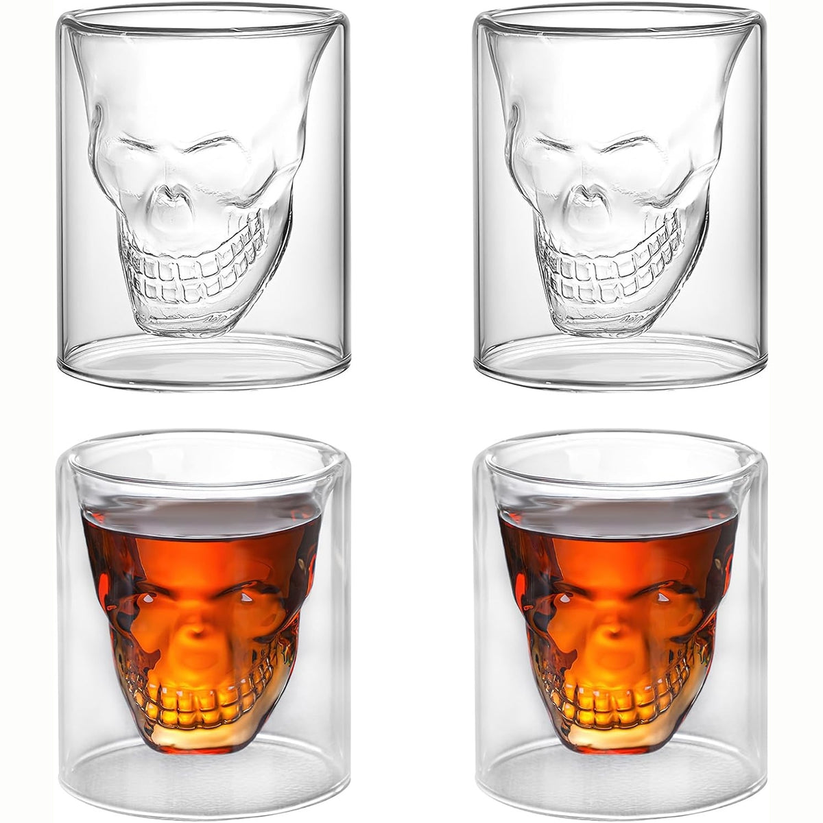 4x Schädel Shotgläser Totenkopf Design Tequila Whiskey Glas Party Bar Deko 20ml