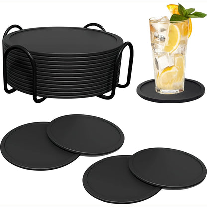 Silikon Glasuntersetzer 12er Dunkelgrau für Bar Tassen Waschbar mit Halter
