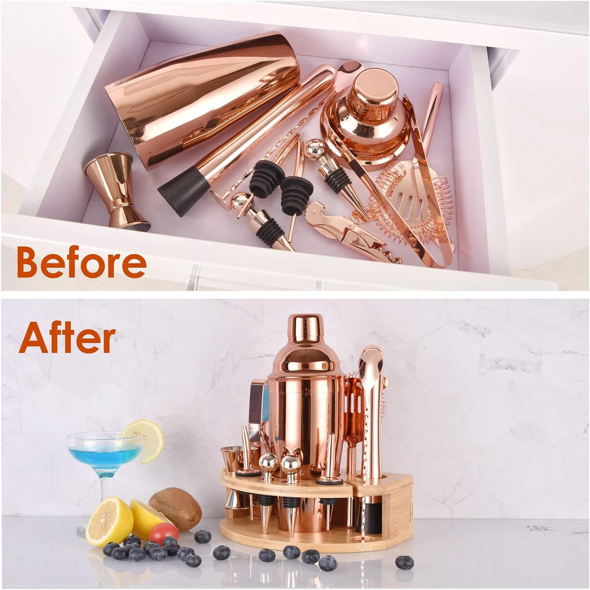 Cocktail Mix Set 750ML 12tlg Edelstahl RoséGold mit Stilvollem Bambus Ständer