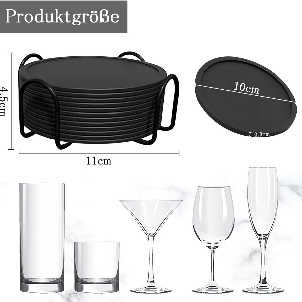 Dunkelgraue Silikon Untersetzer 12er Set für Getränke Tassen Schutz mit Halter