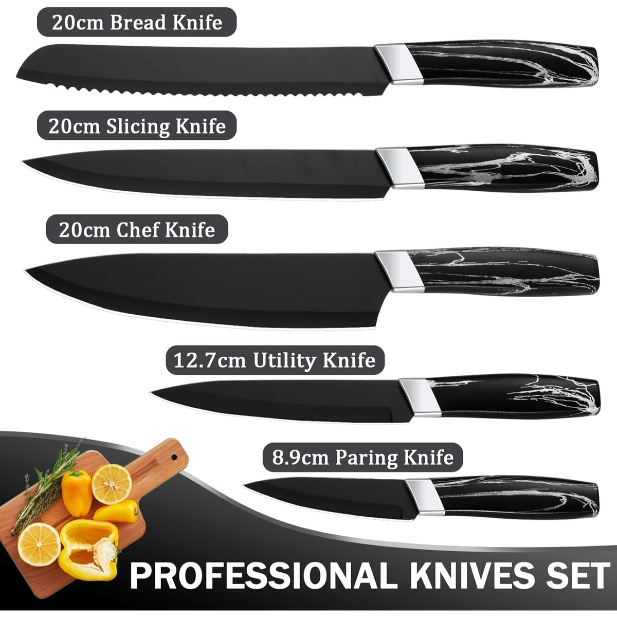Günstiges Messerset Schwarz Edelstahl 5PCS Kochmesserset