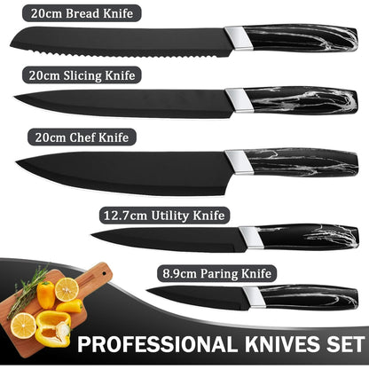 Günstiges Messerset Schwarz Edelstahl 5PCS Kochmesserset