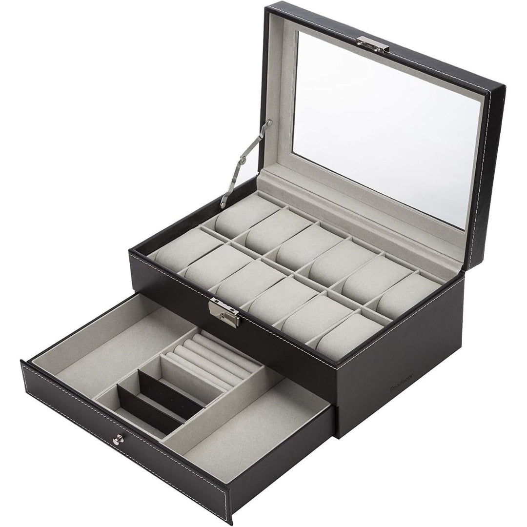 12 Uhren Speicherbox XL 2 Schichten PU-Leder Glasdeckel Schmuckfach