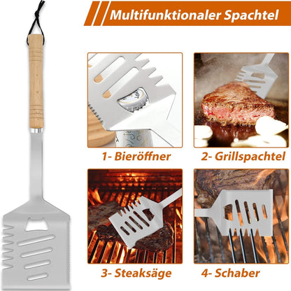 3 Teiliges Grillzubehör Set mit 4in1 Spatula Geschenk Männer