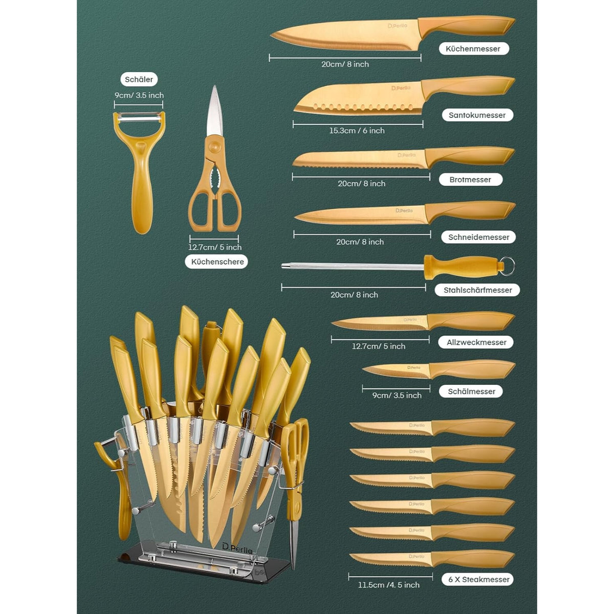 Messerblock 16 TLG Messer Set Golden Edelstahl Acrylhalter