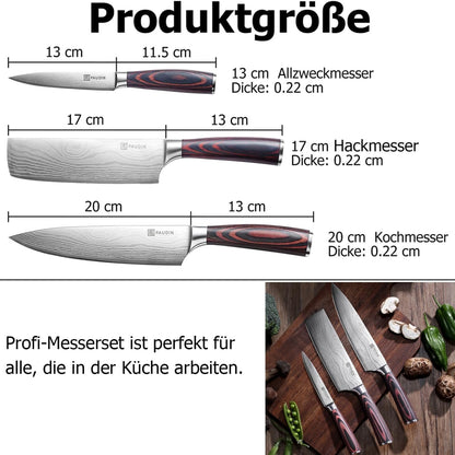 Hochwertiges Messerset 3-tlg Küchenmesser Set Carbon Klinge