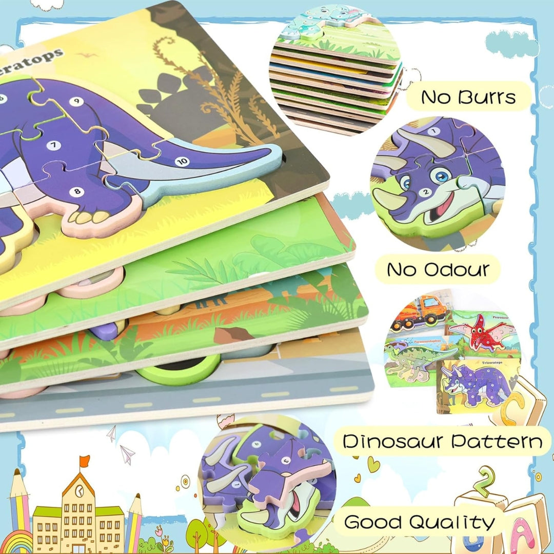 9-10 Stück Holzpuzzle Dinosaurier Autos für Kinder 2 3 4 Jahre Montessori