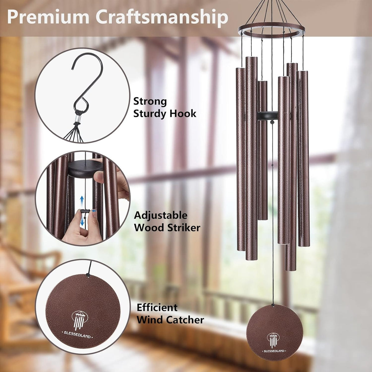 Windspiel Tiefer Ton 6 Metallrohre Premium Outdoor Garten Hof Patio Dekor
