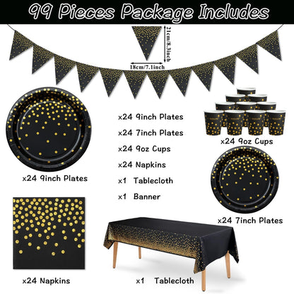 Party Deko Partygeschirr Schwarz Gold 99 Stück Teller Set