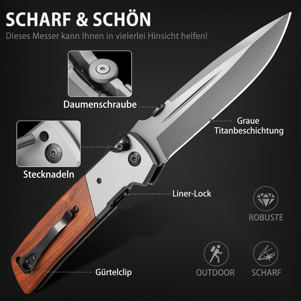 Klappmesser 28cm Einhandmesser mit Holzgriff Taschenmesser