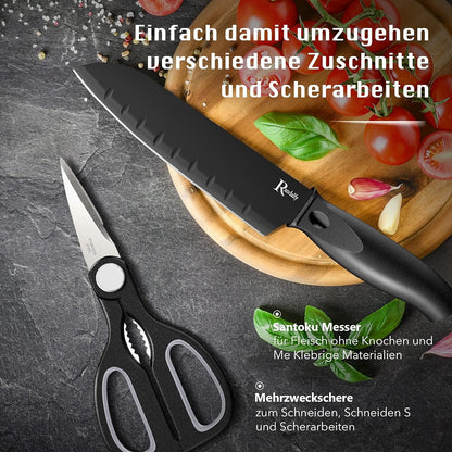 Messerblock mit Messer Set 7-TLG Kochmesser Schere Edelstahl Küchenmesser All-in-One Messerblock zum Hacken Schneiden Fleisch Gemüse Obst