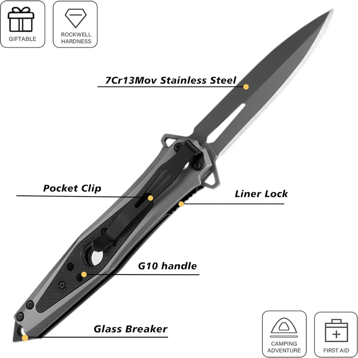 Klappmesser Einhandmesser mit G10 Griff und Nylonscheide Taschenmesser mit Taschenclip für Camping Wandern Geschenk für Männer Grau