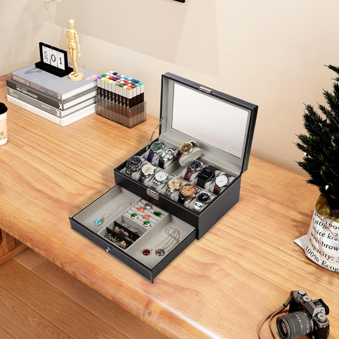XL Uhrenbox 2 Schichten für 12 Uhren PU-Leder Glasdeckel Schmuckkästchen