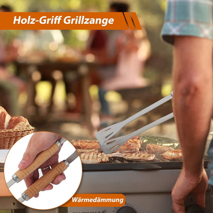 Geburtstagsgeschenk für Männer Grillzubehör Set 3 Teilig BBQ Tool Set aus Holz und Edelstahl inkl Grillzange 4in1 Spatula Fleischgabel ideal für BBQ
