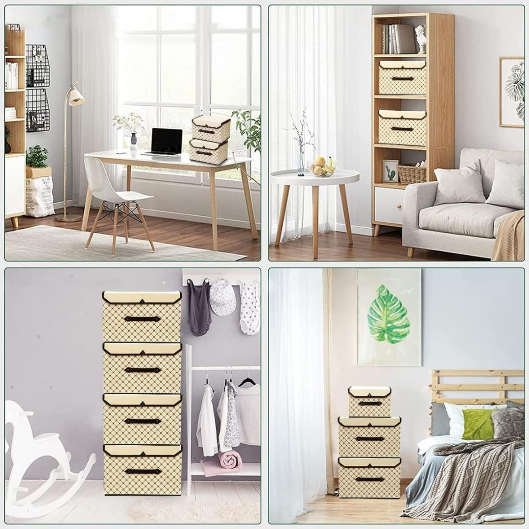 Aufbewahrungsboxen Stoff 4 Stück mit Deckel Beige Karo Faltbar für Kleidung Spielzeug Bücher