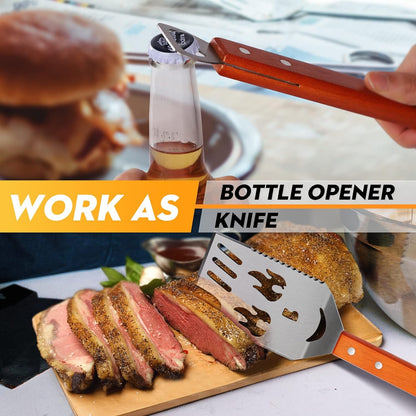 5 in 1 Grillwender Geschenke für Männer 41 cm Edelstahl Multifunktionales Grillzubehör mit extra-langen Holzgriffen und Flaschenöffner