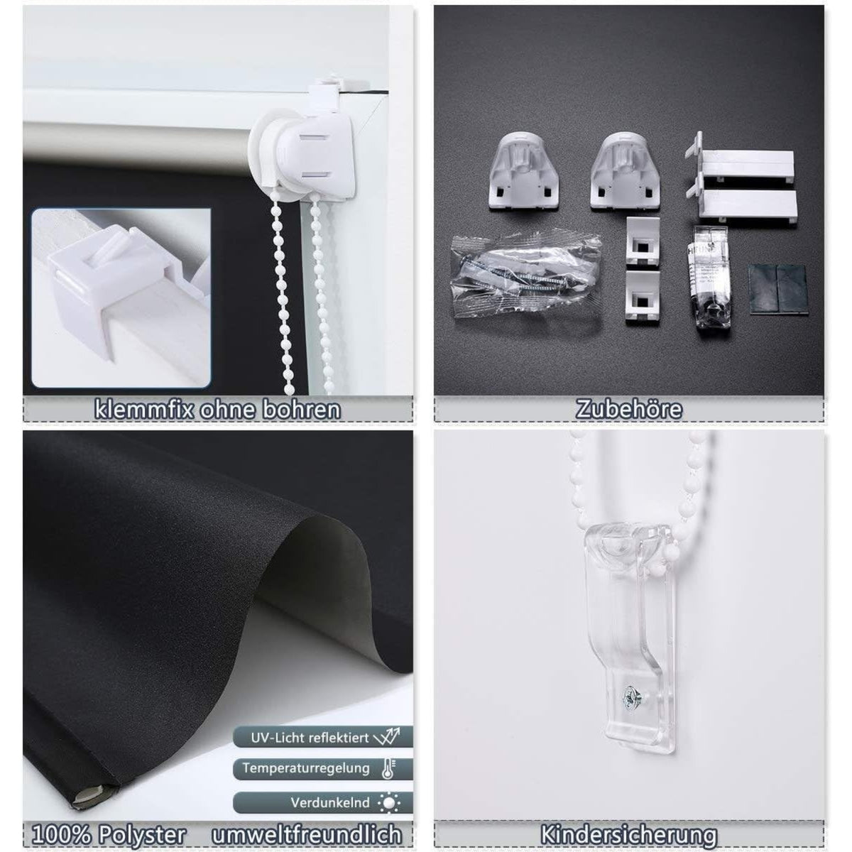 Verdunklungsrollo Rollos für Fenster ohne Bohren Verdunklungsrollo ohne Bohren 60x150cm Schwarz Verdunkelungsrollo Thermorollo Klemmrollo Fensterrollo