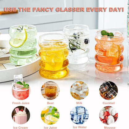 Gerippte Trinkgläser 350ml 6er Set Cocktailgläser Wellenförmige Wassergläser Getränkegläser Saftgläser mit Glasstrohhalmen und Bürsten
