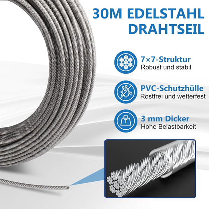 Wohnmobil Zubehör Kabelschloss 30 m Stahlseil Set 3 mm Edelstahl Drahtseil M5 Seilspanner Wandhaken Stahlseil mit ösen Rankhilfen für Kletterpflanzen