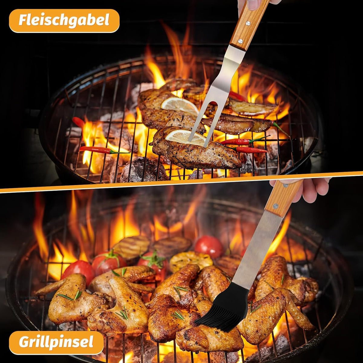 KraftGriller Premium 5-TLG Grillbesteck Set Edelstahl mit Holzgriff Tragetasche Schürzenfunktion Ideal für BBQ Teppanyaki Grill Geschenke für Männer
