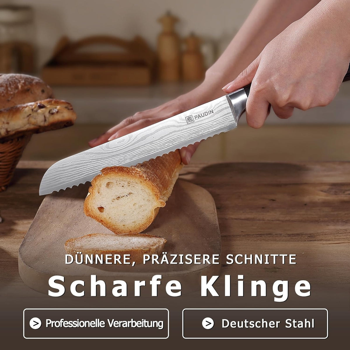 Profi Brotmesser mit Holz Griff 20 cm Edelstahl Küchenmesser mit Wellenschliff extra scharfe Messerklinge rostfrei