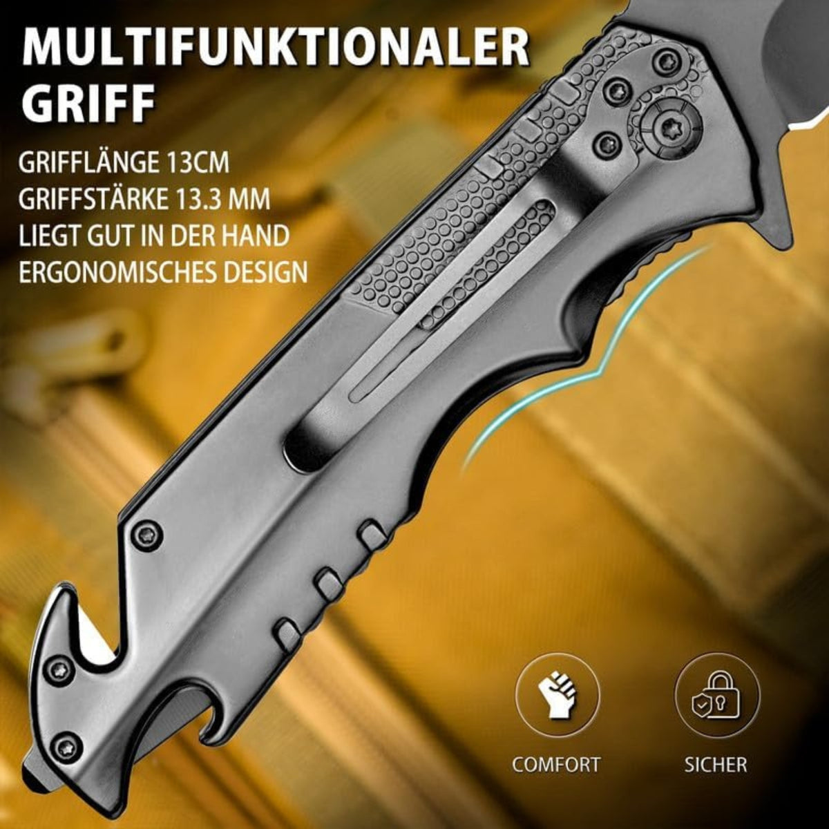 Taschenmesser Rettungsmesser mit Gurtschneider Glasbrecher Klappmesser mit Gürtelclip Einhandmesser für Auto Survival überlebensmesser
