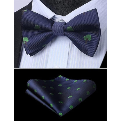 Herren Fliege und Einstecktuch-Set bereits Verstellbar Fliegen & Einstecktuch Set für Hochzeit Anzug Blau mit Bäumen Muster leicht zu tragen