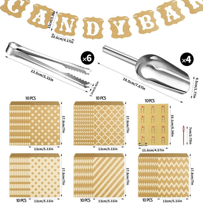 71 Stück Candy Bar Zubehör Set Enthält 50 Stück Candy Bar Tüten 10 Sticker 6 Zuckerzange 4 Schaufeln und 1 Candy Bar Deko Girlande Candy Bar Deko Set