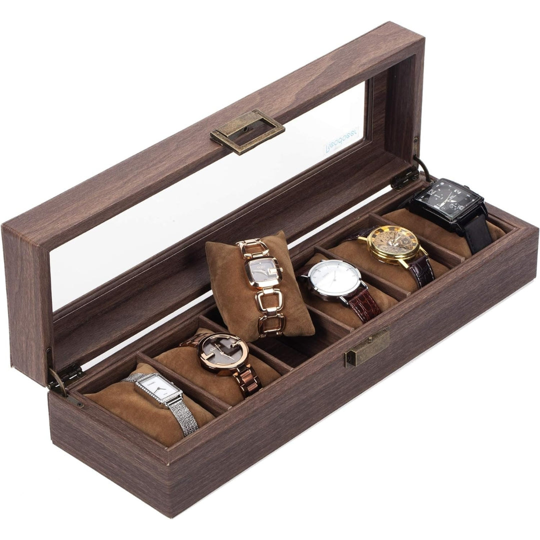 Vintage Uhrenbox für 6 Uhren Kunstleder Holzmuster Watch Box