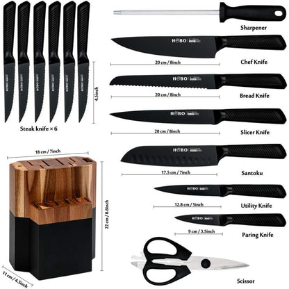 Hochwertiger Messerblock mit Messer Schwarz 15 Teiliges Küchenmesser Set mit Holzblock Messer block Set mit Antihaftbeschichtung Professionelles