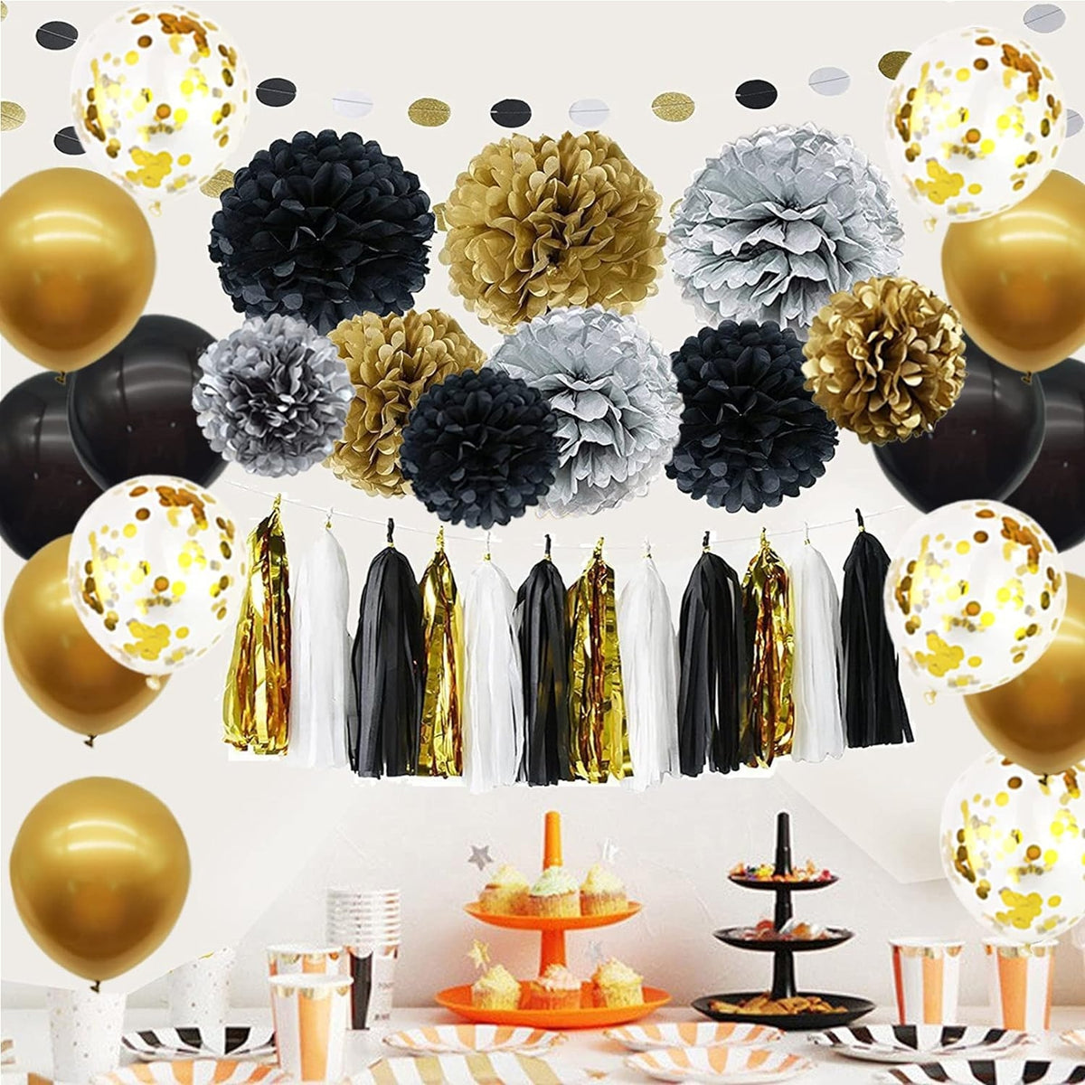 Ballons Gold Schwarz Party Dekoration Set 57 Stück Luftballons Papier Blumen