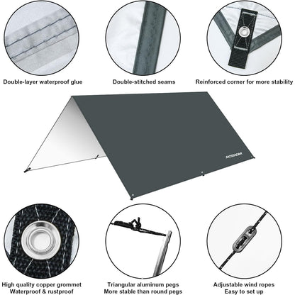 Tarp 3x3 Wasserdicht Grau Sonnensegel Zeltplane mit Ösen UV 50+ Camping