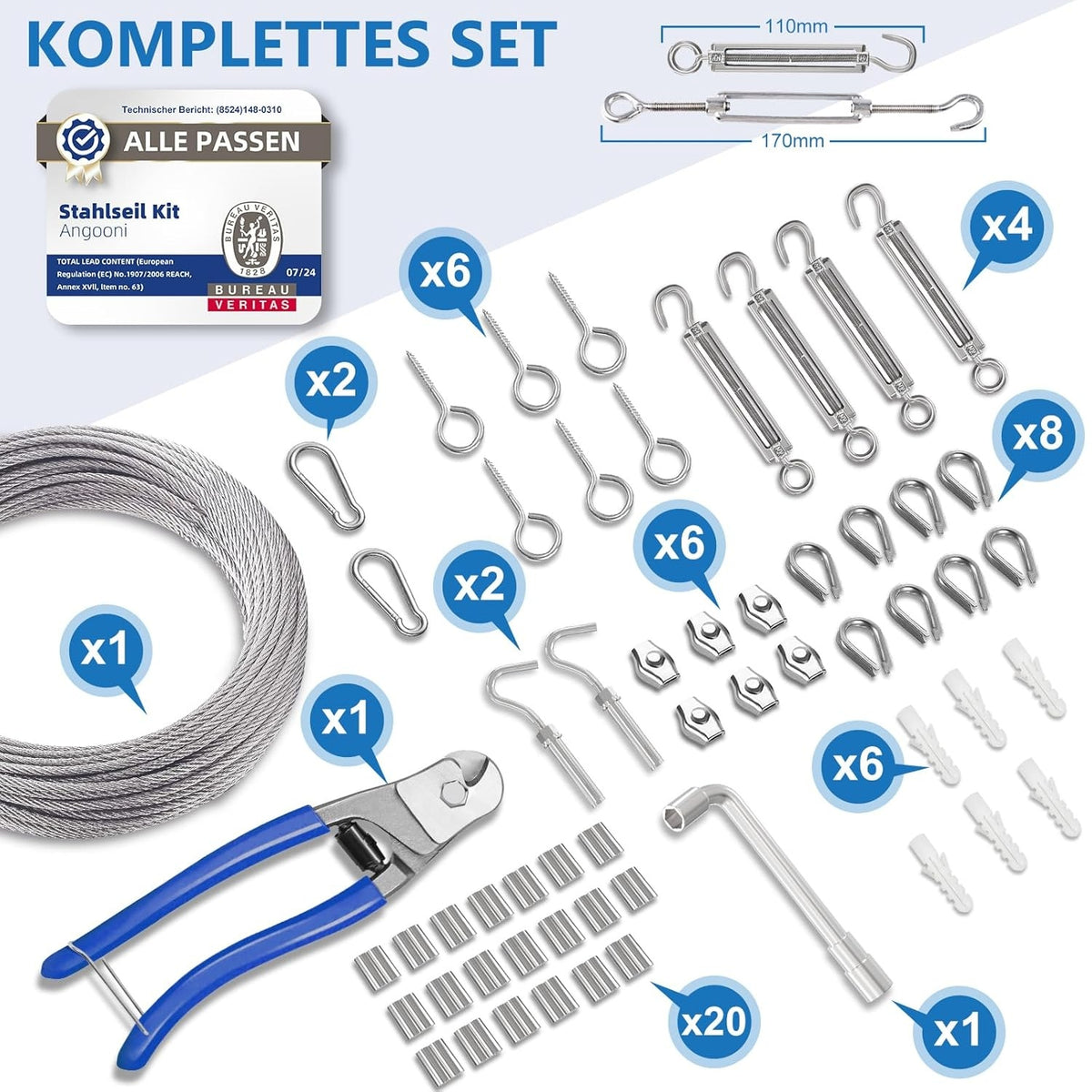 Wohnmobil Zubehör Kabelschloss Stahlseil Set 30 m 3 mm Drahtseil M5 Seilspanner