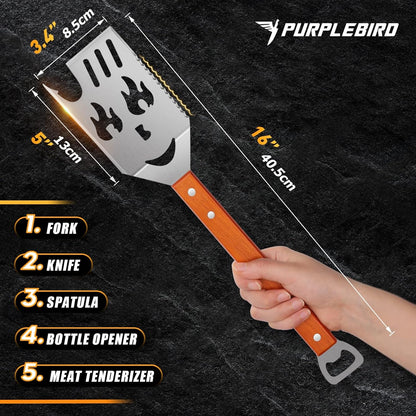 Geschenke für Männer 5 in 1 Grillwender Edelstahl Grillzubehör mit Holzgriff