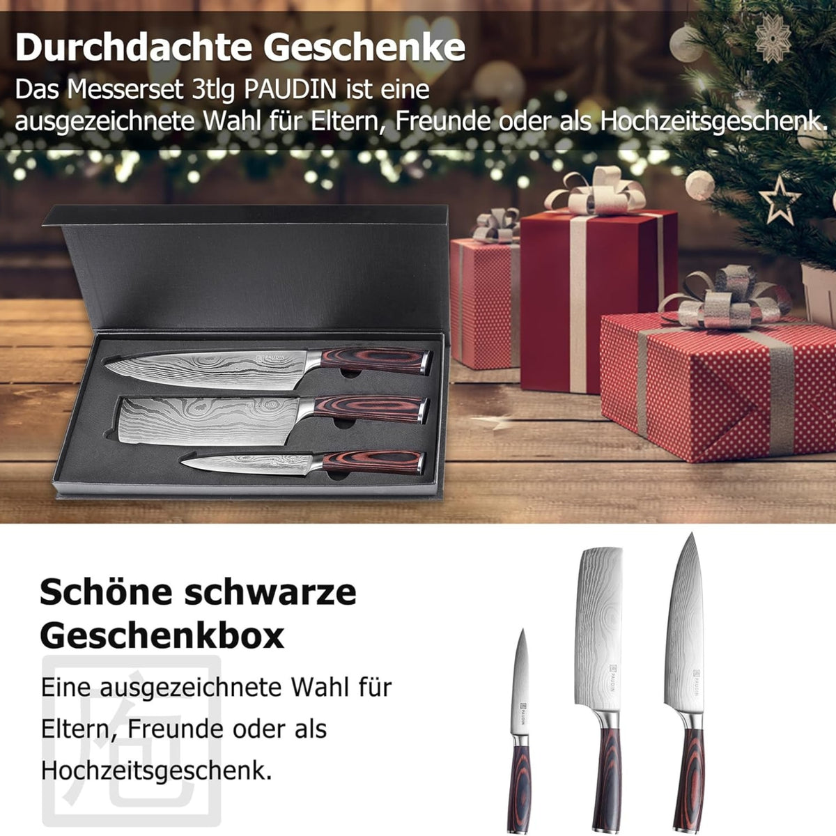 Hochwertiges Messerset 3-tlg Küchenmesser Set Carbon Edelstahl Klinge