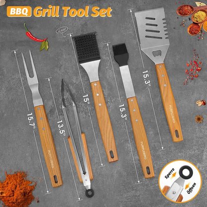 KraftGriller Premium Grillbesteck Set 5-TLG aus Edelstahl Holzgriff