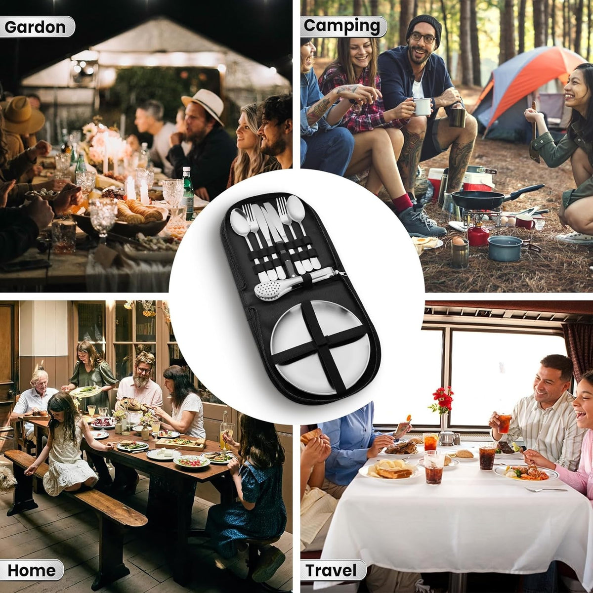 Camping Geschirr und Zubehör Set Silber 10-teilig Edelstahl Besteck mit Etui