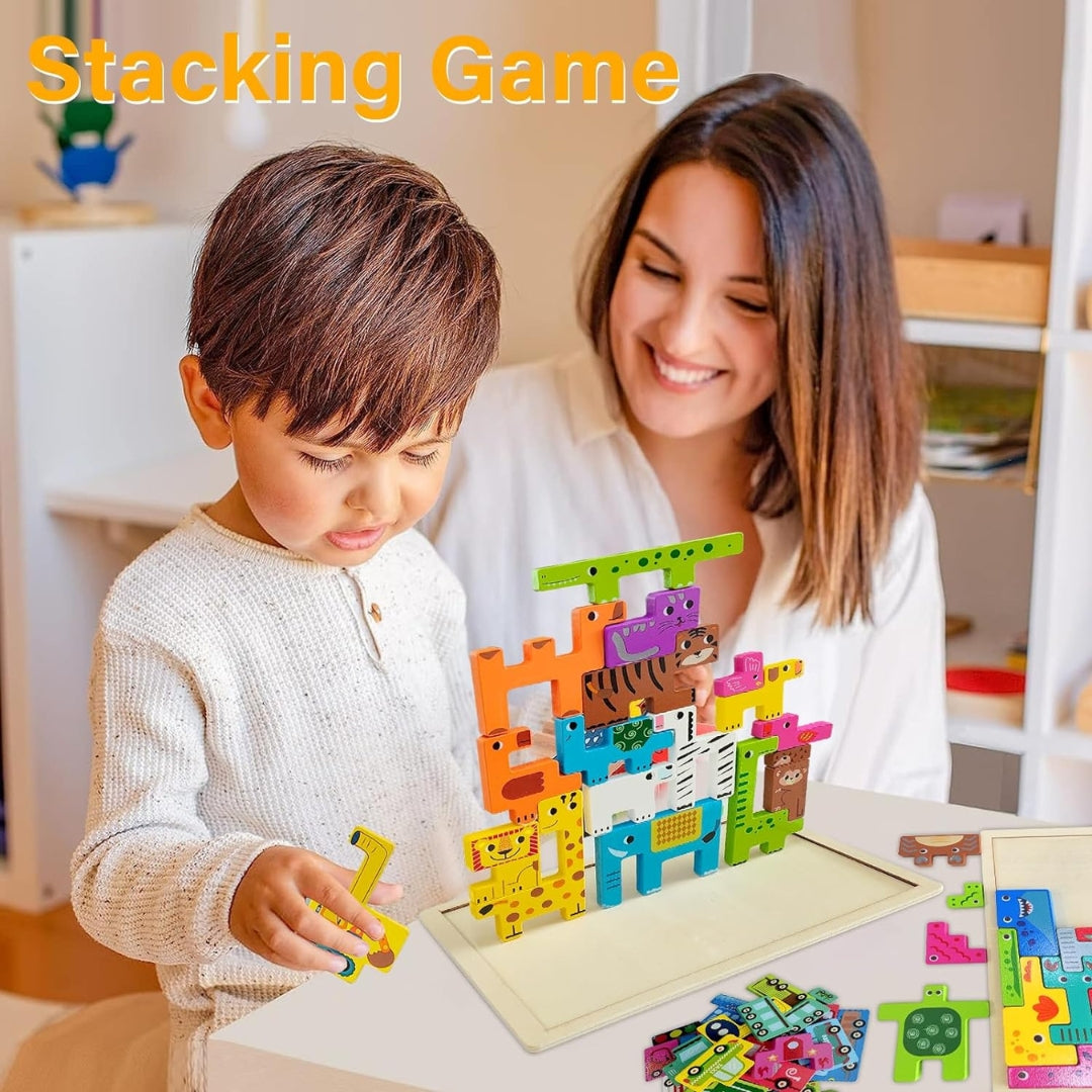 Tetris Puzzle 3 Stück Tangram Holzspielzeug Montessori Lernspielzeug für Kinder 2 3 4 Jahre mit Cartoon-Verpackung Geschenk