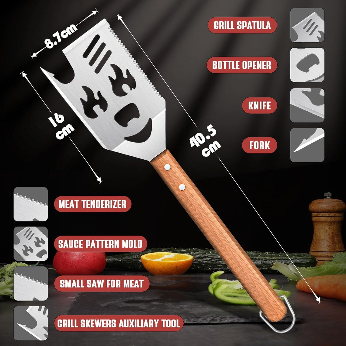 Grill Geschenke für Männer 8 in 1 Grillspachtel Multifunktion Holzgriff