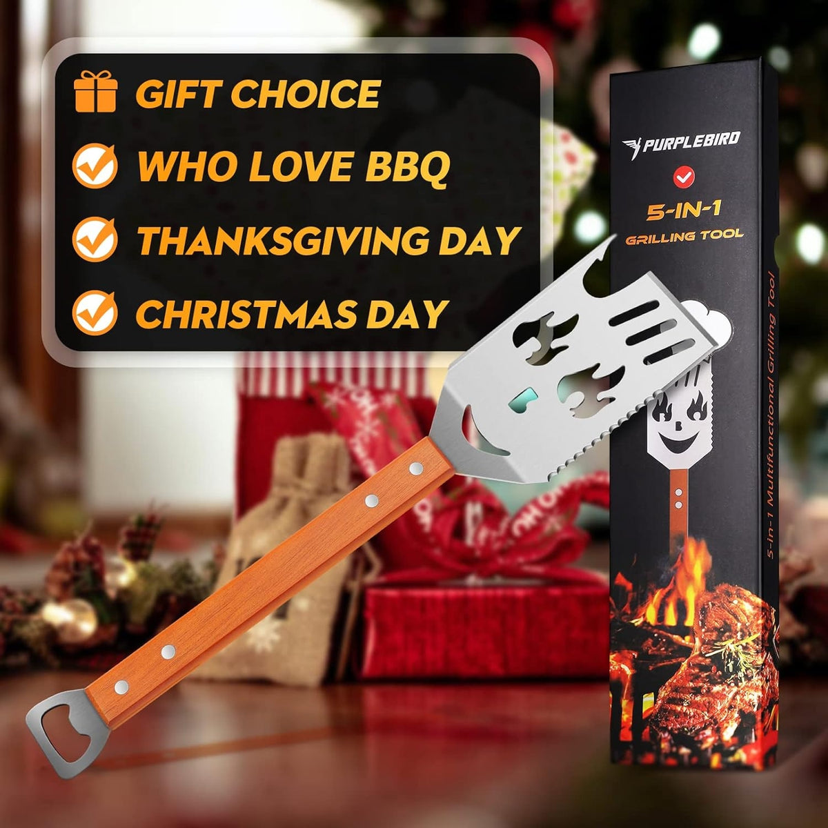 Geschenke für Männer 5 in 1 Grillwender Edelstahl Grillzubehör mit Holzgriff