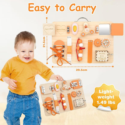 Montessori Busy Board Motorikbrett Holzspielzeug Sensorik Spielzeug für Kinder ab 1 2 3 Jahre mit 10 Aktivitäten Lebenskompetenzen Perfektes Geschenk